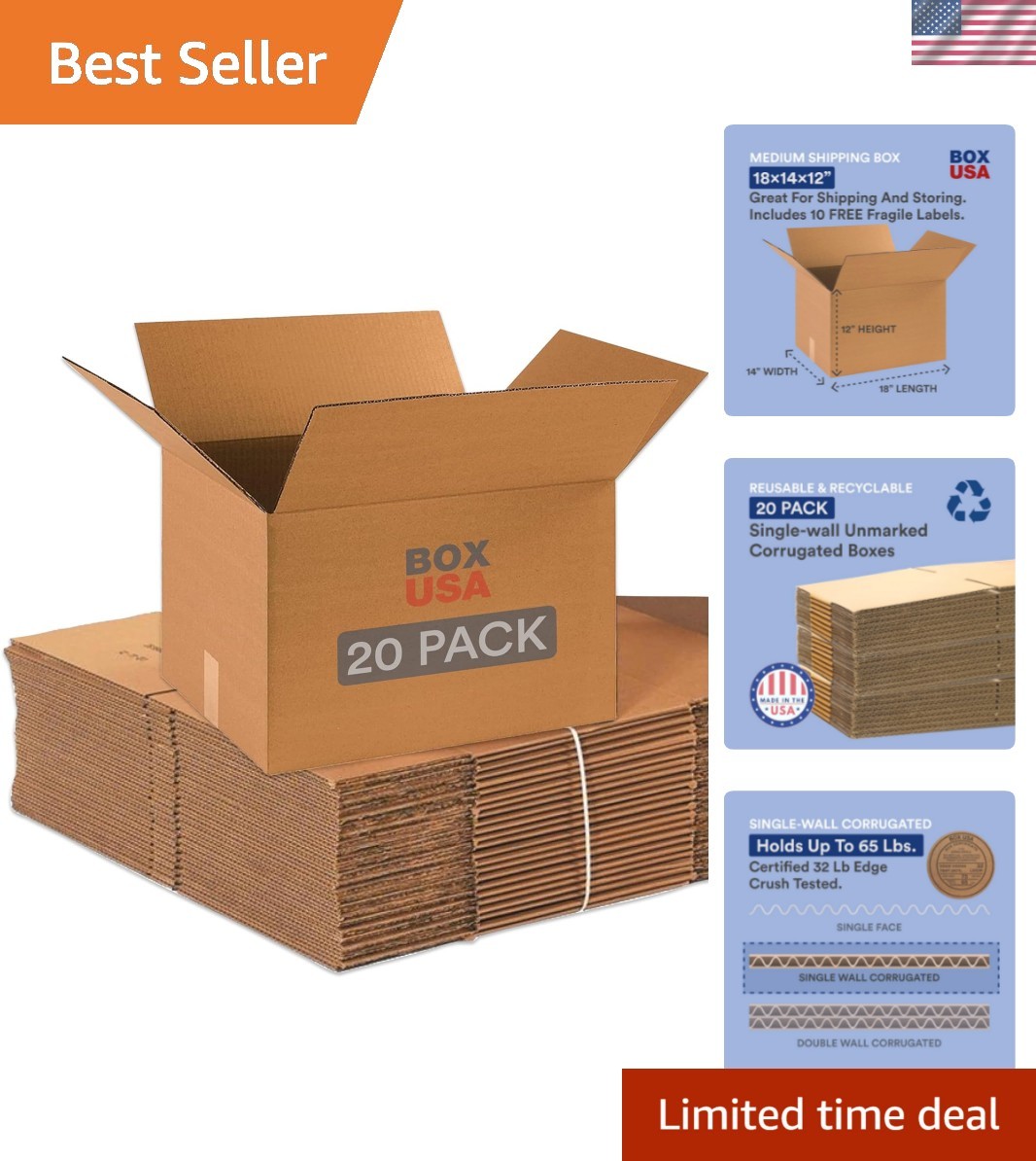 Moving Boxes Medium 18″L x 14″W x 12″H 20-Pack – Corrugated Cardboard Box for…