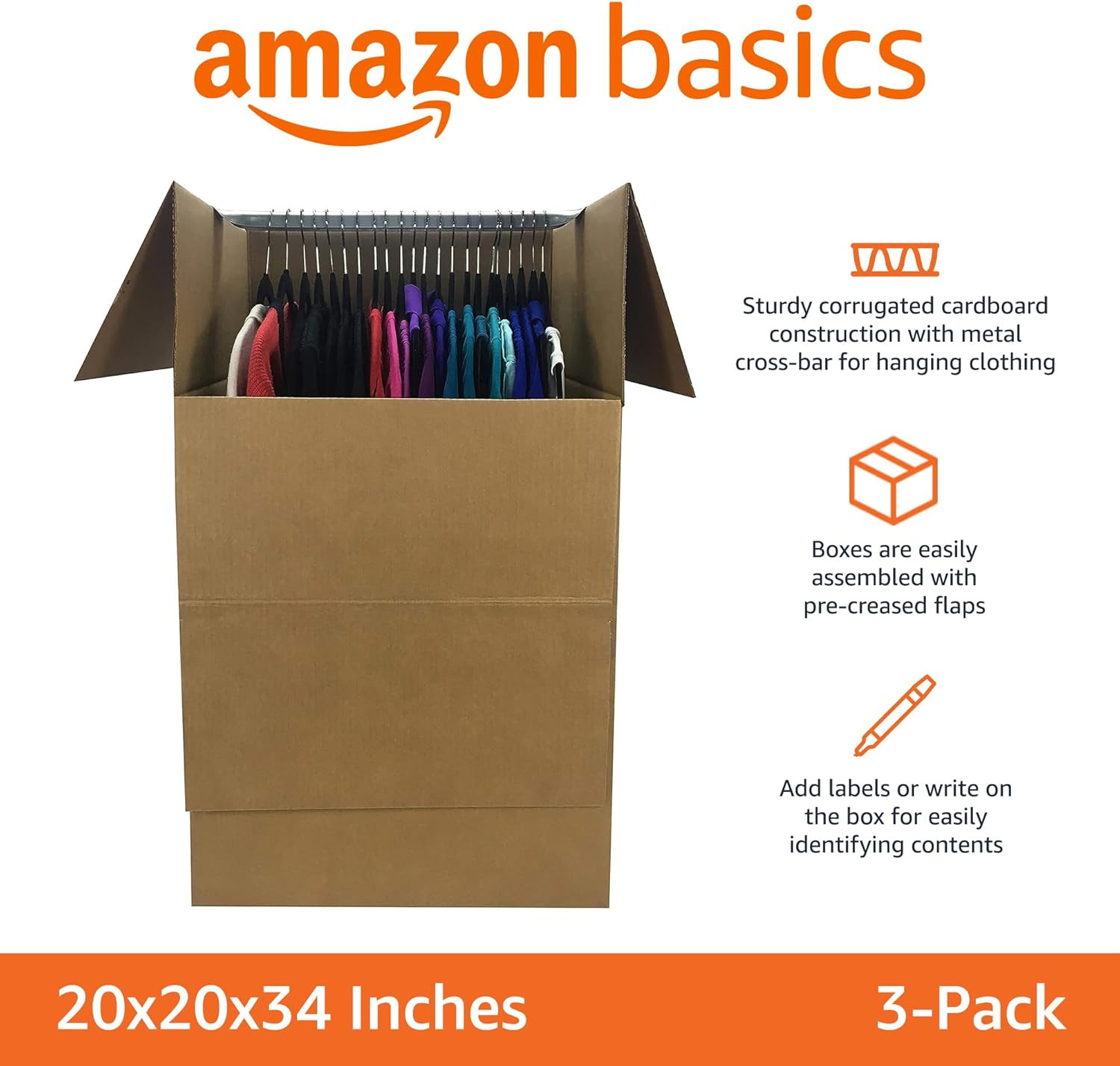 Sturdy Wardrobe Moving Boxes with Hanger Bar – 3-Pack, Easy Assembly