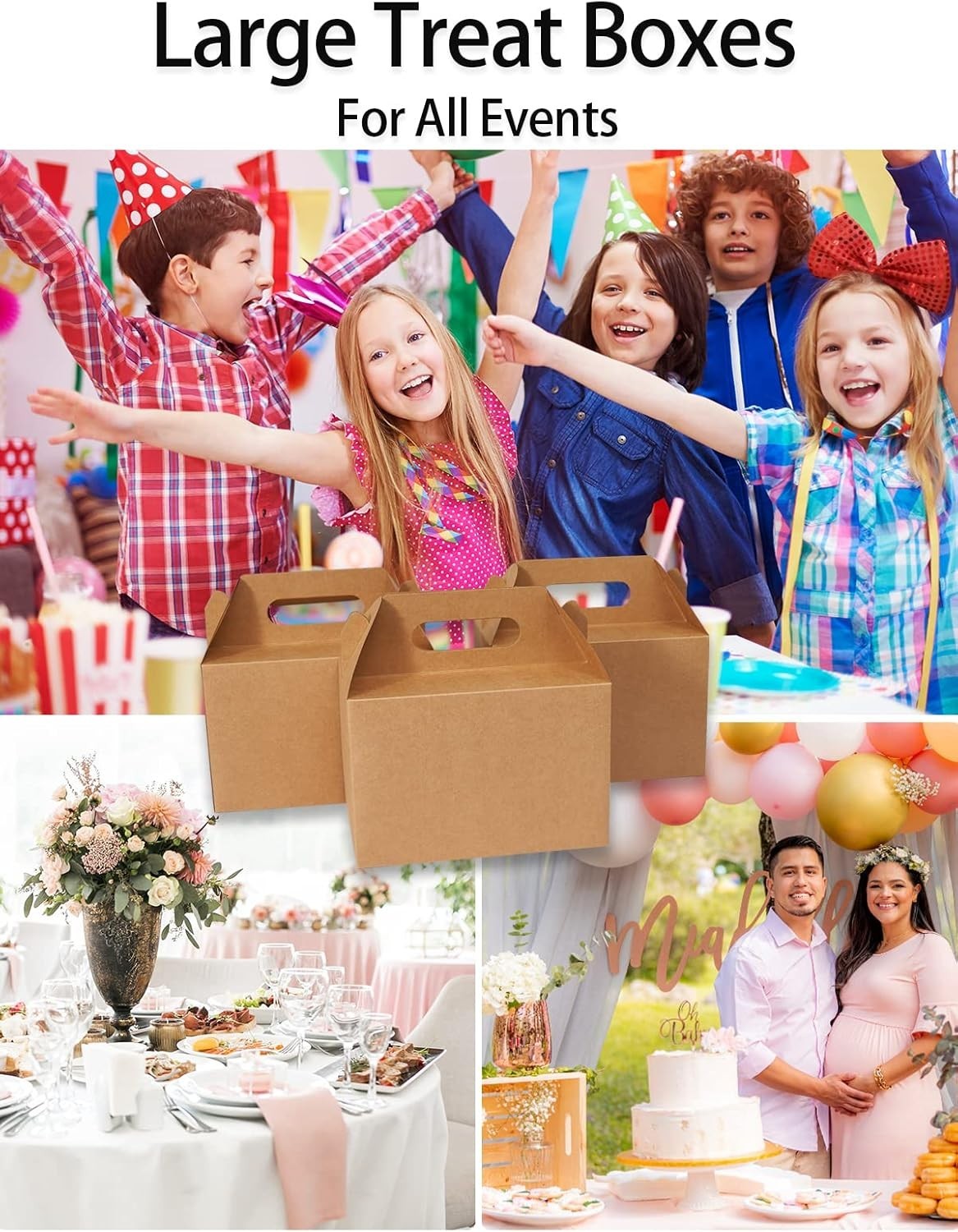 30 CT 9x6x6 Large Box Lunch Boxes Cardboard Paper with Handles Kraft Brown, G…