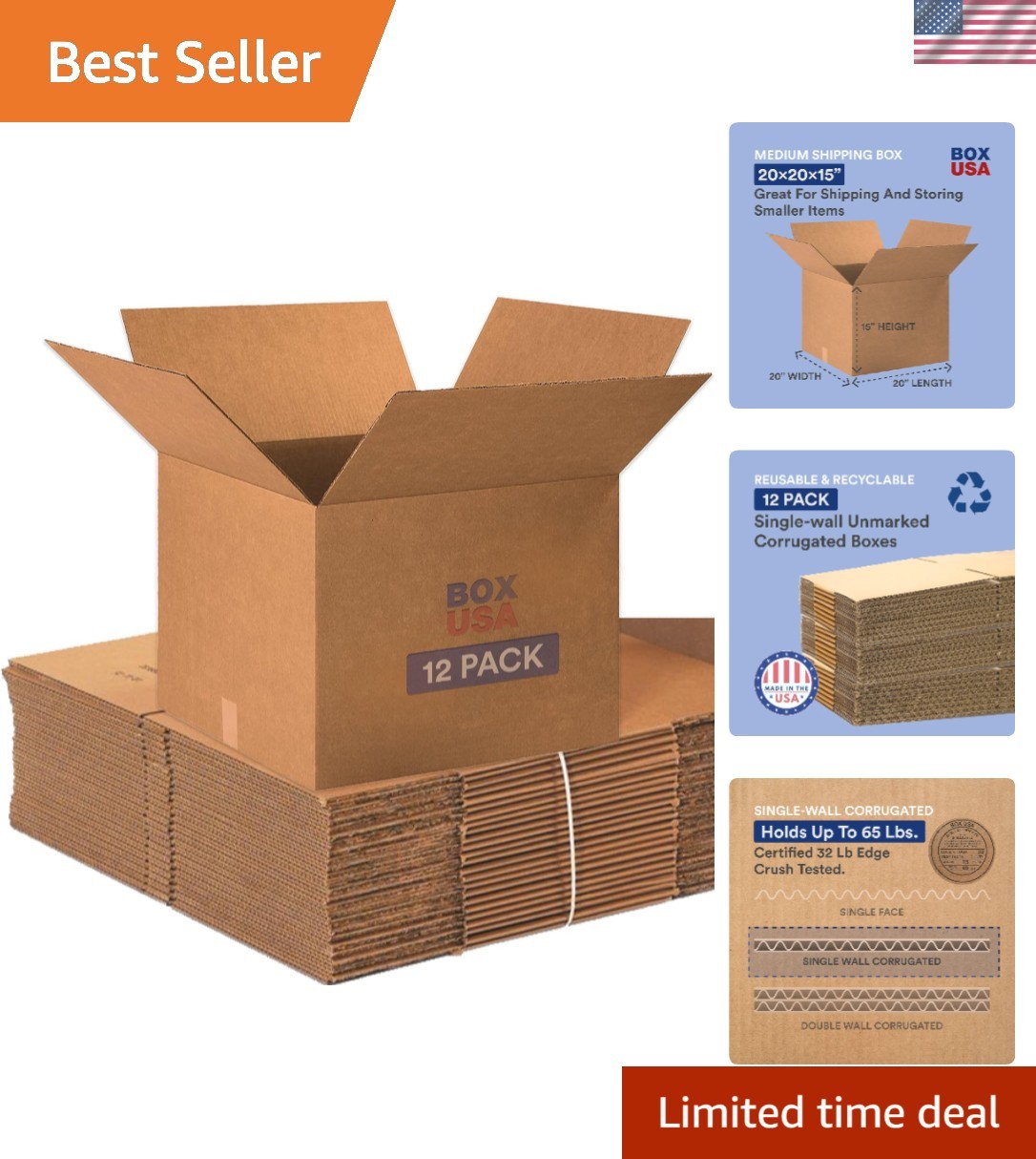Moving Boxes Large 20″L x 20″W x 15″H, 12-Pack – Corrugated Cardboard Box for…