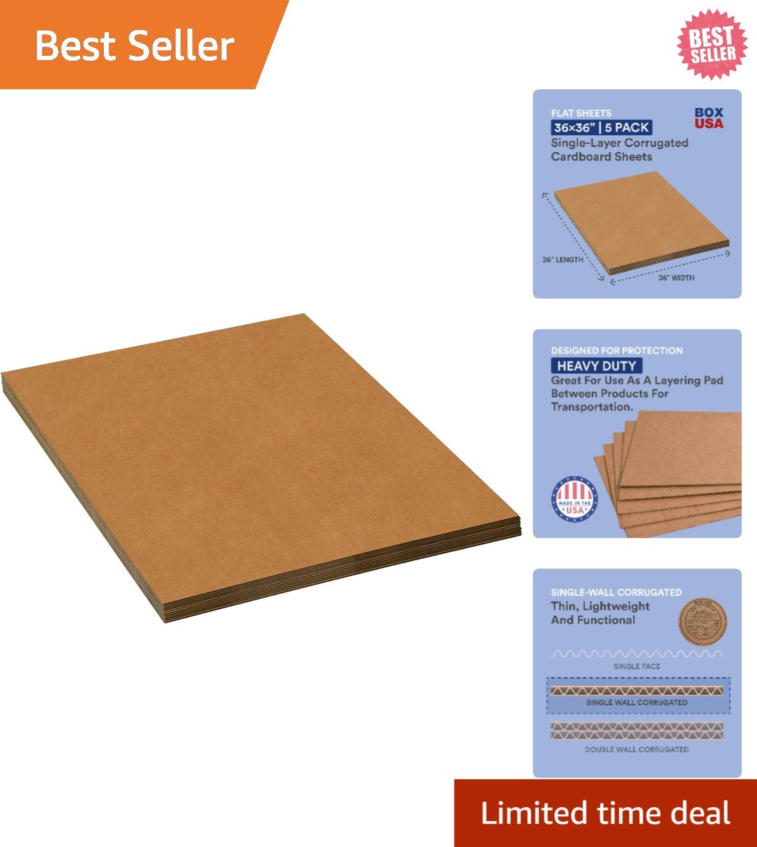 Large 36″ x 36″ Corrugated Cardboard Sheets – 5-Pack Bulk for Moving & Storage