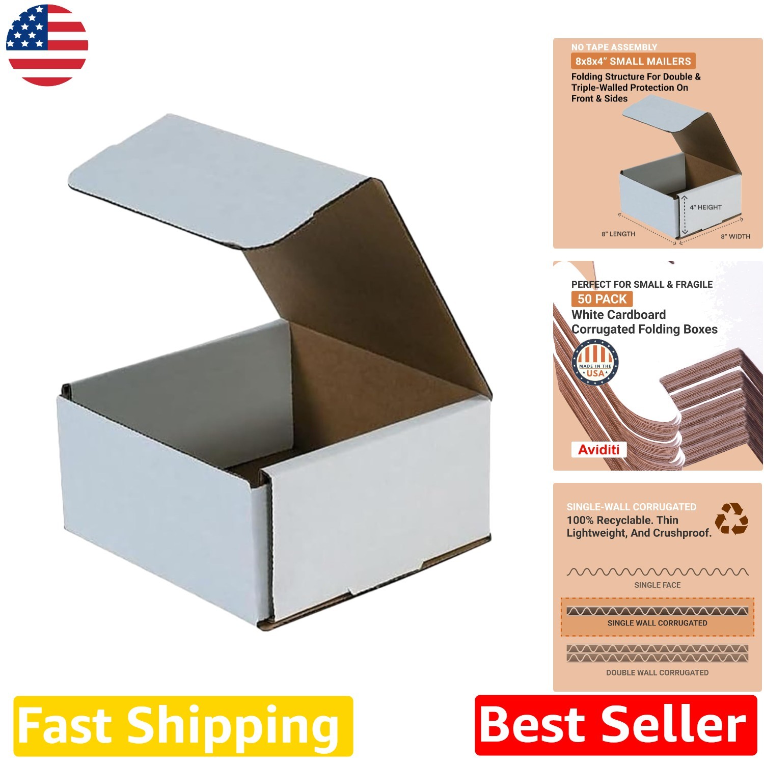 Bulk 50 Pack 8x8x4″ White Mailing Boxes – Sturdy Corrugated, Reusable Mailers