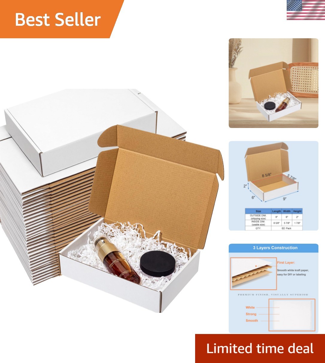 Shipping Boxes 9x6x2″ 60 Pack – White Corrugated Cardboard Mailing Box for Sm…