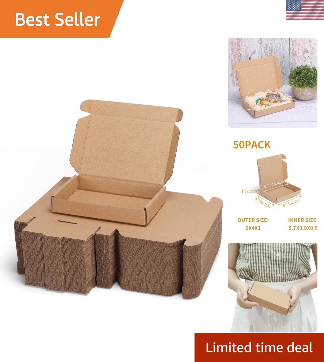 Bulk 50 Pack 6x4x1 Inch Brown Tuck Top Mailer Boxes for Small Business Shipping