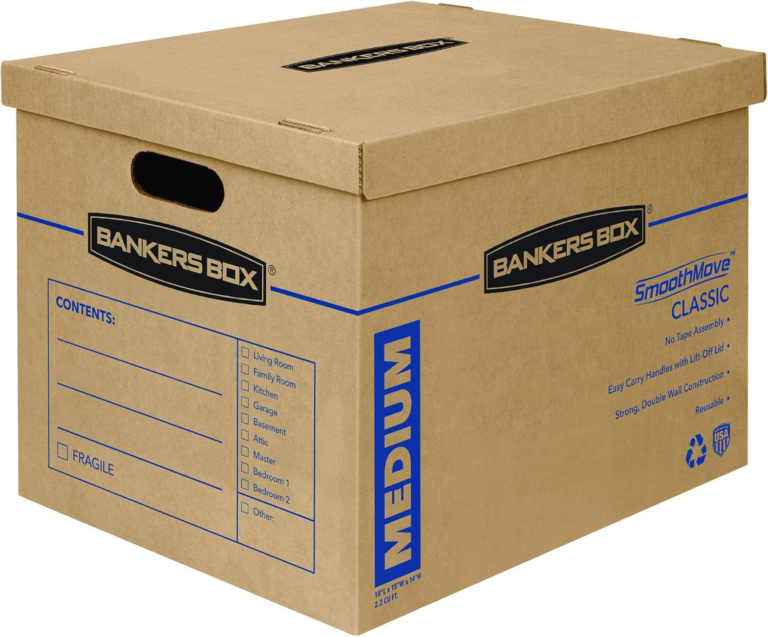 Medium Classic Moving Box 10 Pack, Reinforced Handles, Tape-Free Assembly, Box w