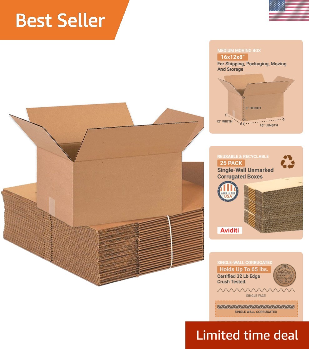 25-Pack Medium Corrugated Boxes 65 lb Strength for Moving, Shipping & Storage