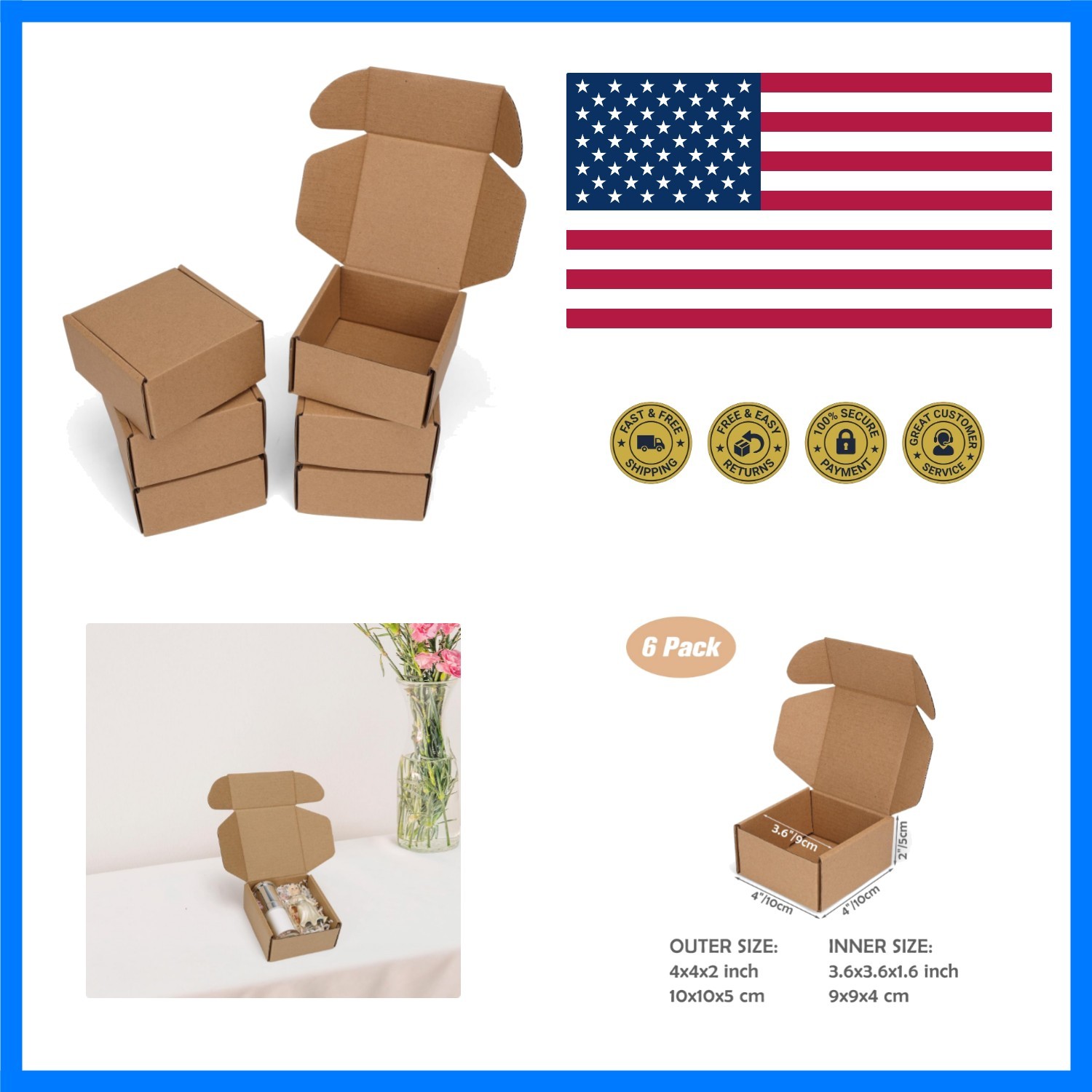 4x4x2 inch Small Shipping Boxes, Set of 6 Mailer Boxes, Brown | Single Corrug…