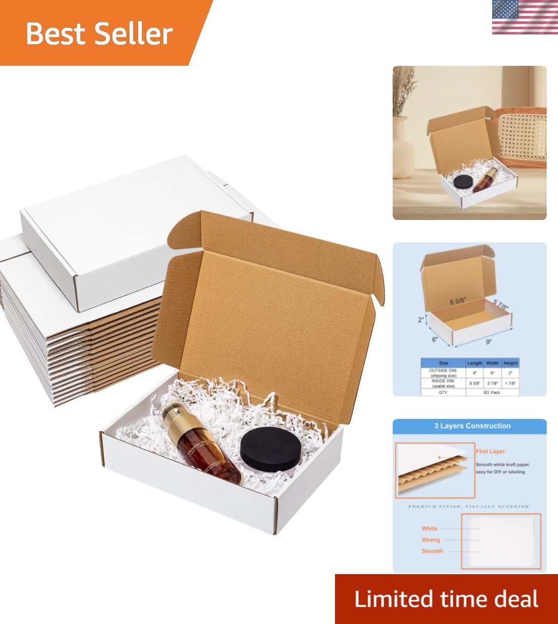 Lightweight yet Sturdy 60 Pack White Mailing Boxes 9x6x2