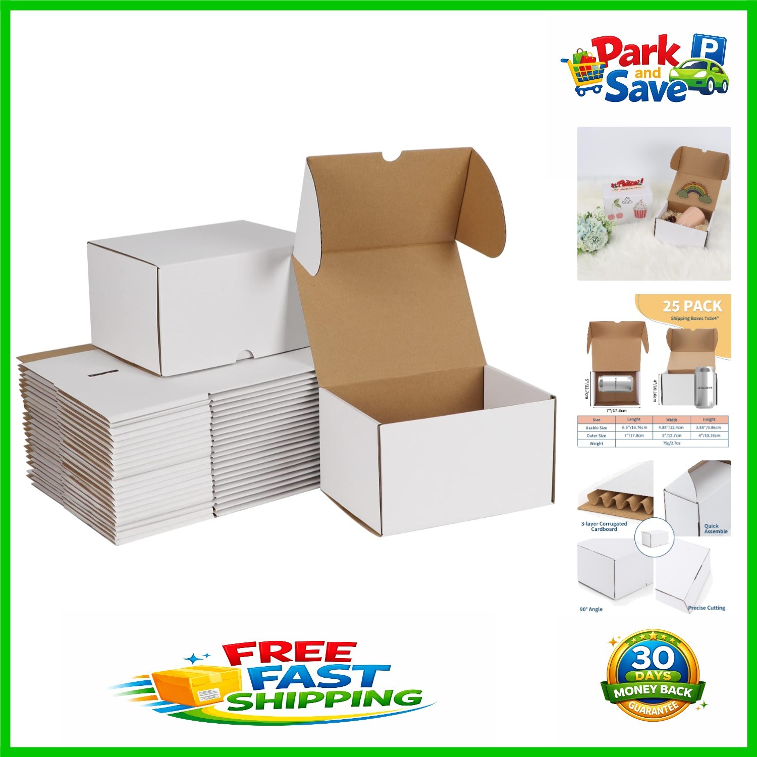 Self-Locking 7x5x4 Shipping Boxes – Set of 25 White Mailers for Small Business