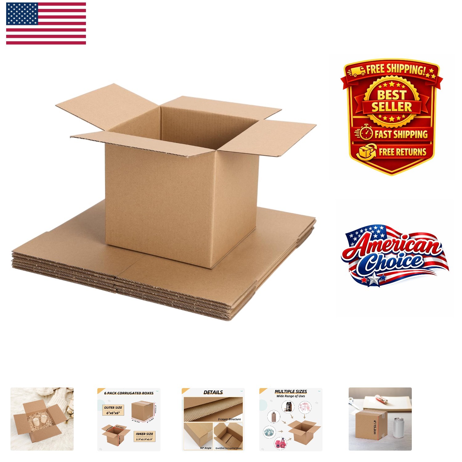 Eco-Friendly 6x6x6 Corrugated Shipping Boxes – Pack of 6 for Safe Shipping