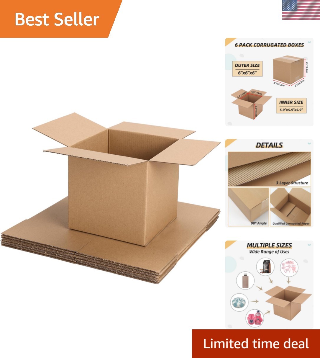 Versatile 6x6x6 Kraft Shipping Boxes – Pack of 6, Easy Assembly for Moving