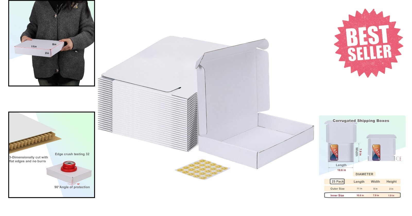 Versatile 25-Pack 11x8x2 Shipping Boxes – Elegant White Design for Mailing