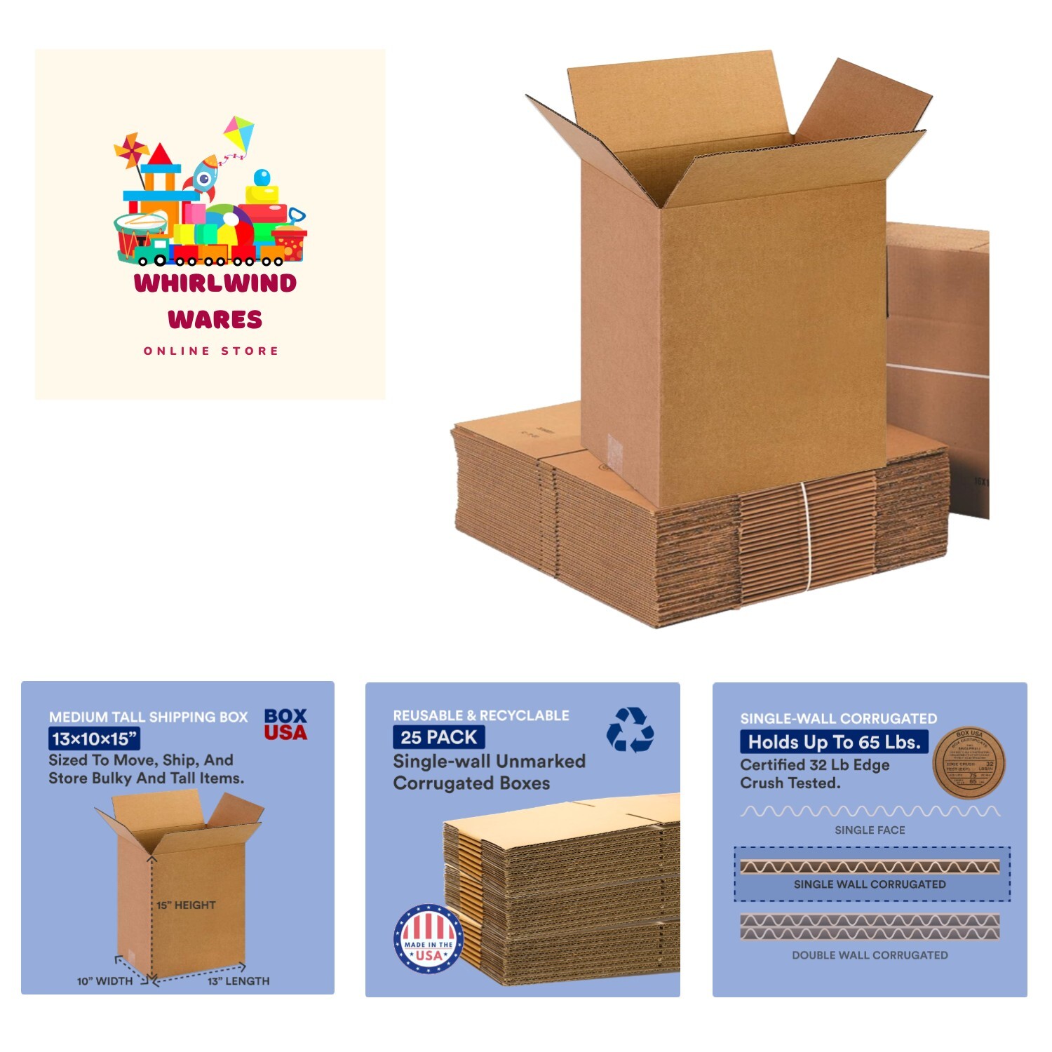 13 x 10 x 15 Corrugated Cardboard Boxes, Medium 13″L x 10″W x 15″H, Pack of 2…