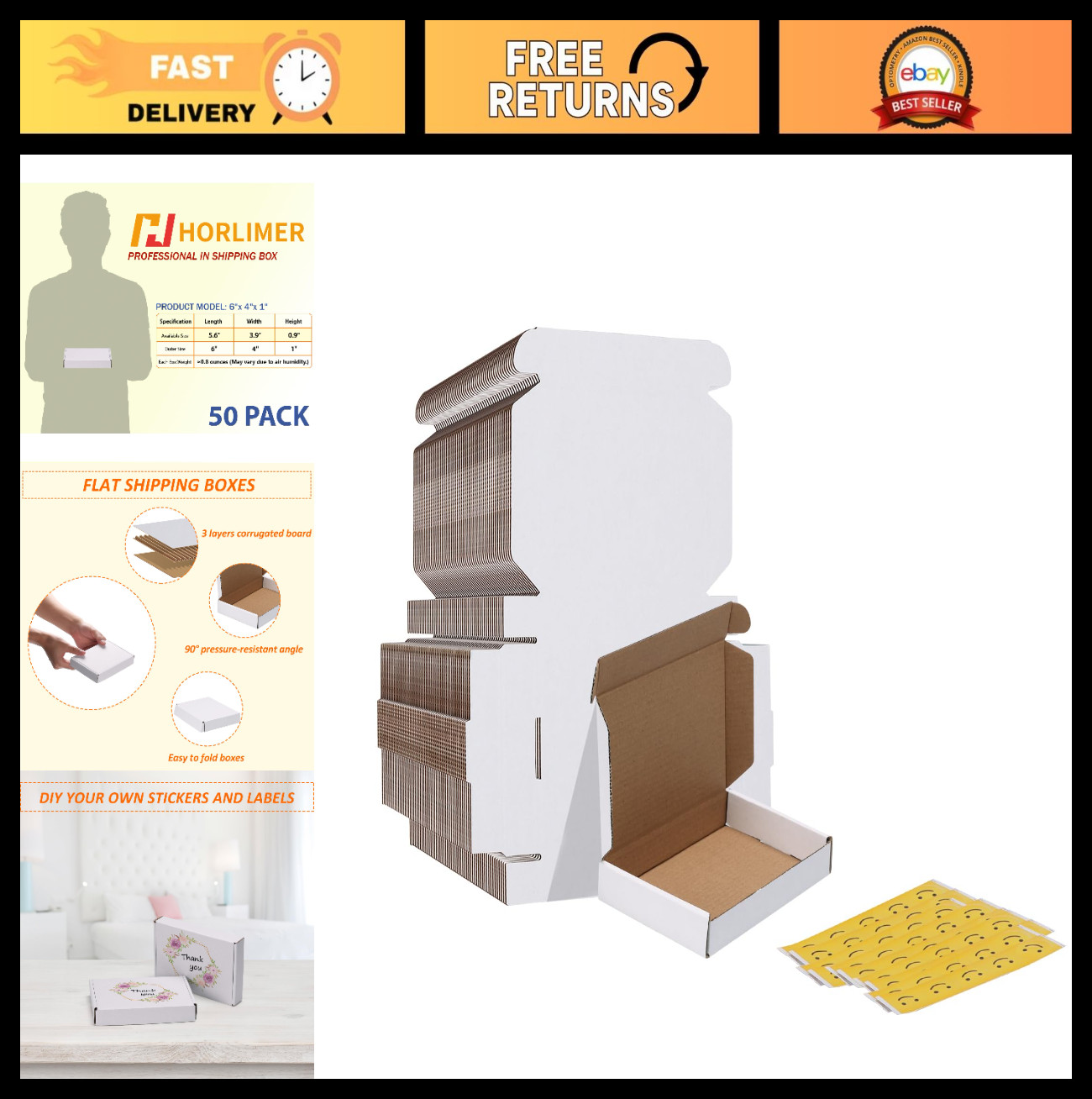 50 Pack White Corrugated Shipping Boxes 6x4x1 Inches – Literature Mailers, Durab