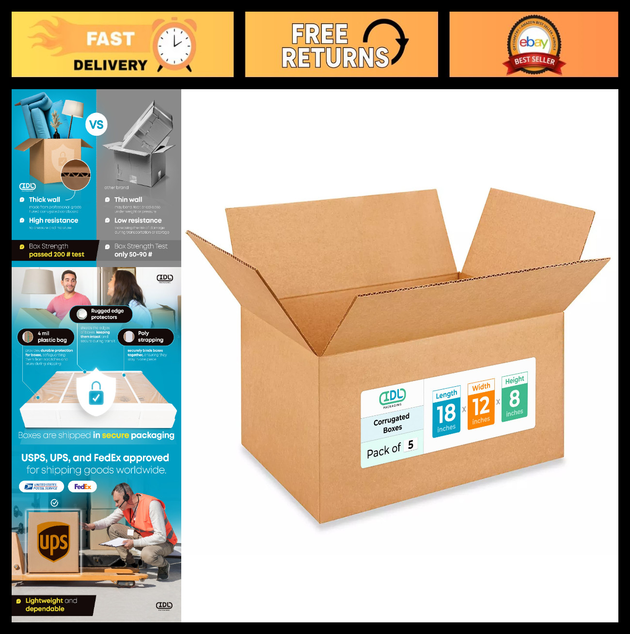 Medium Corrugated Shipping Boxes 18″x12″x8″ (Pack of 5) – Strong Cardboard Packi
