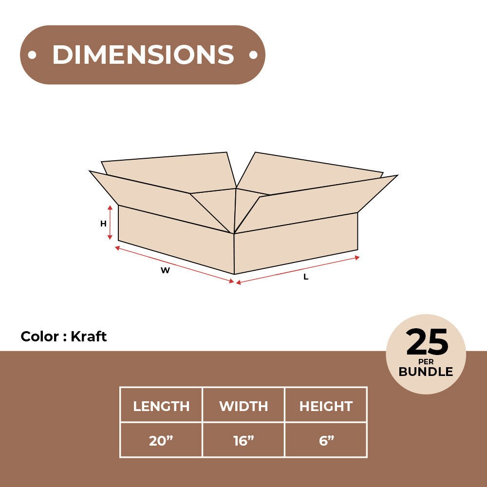 20 x 16 x 6″ Flat Corrugated Boxes, ECT-32 Brown Shipping/Moving Boxes 25/Bundle