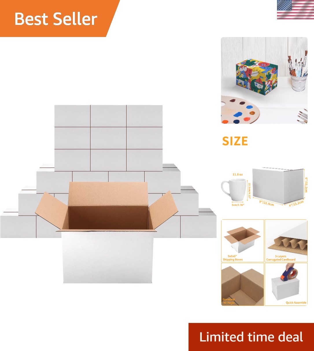 9x6x6 Shipping Boxes Set of 25, White, Cardboard