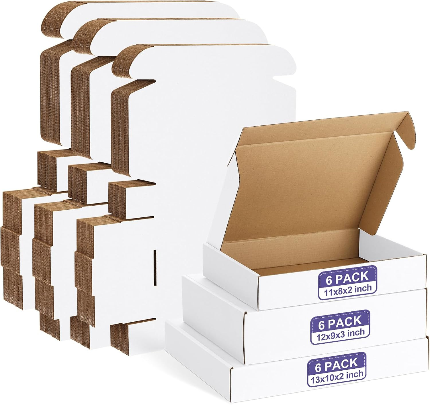 18 Pack Small Shipping Boxes Assorted Sizes, 11X8X2, 12X9X3, 13X10X2-6 PCS Each