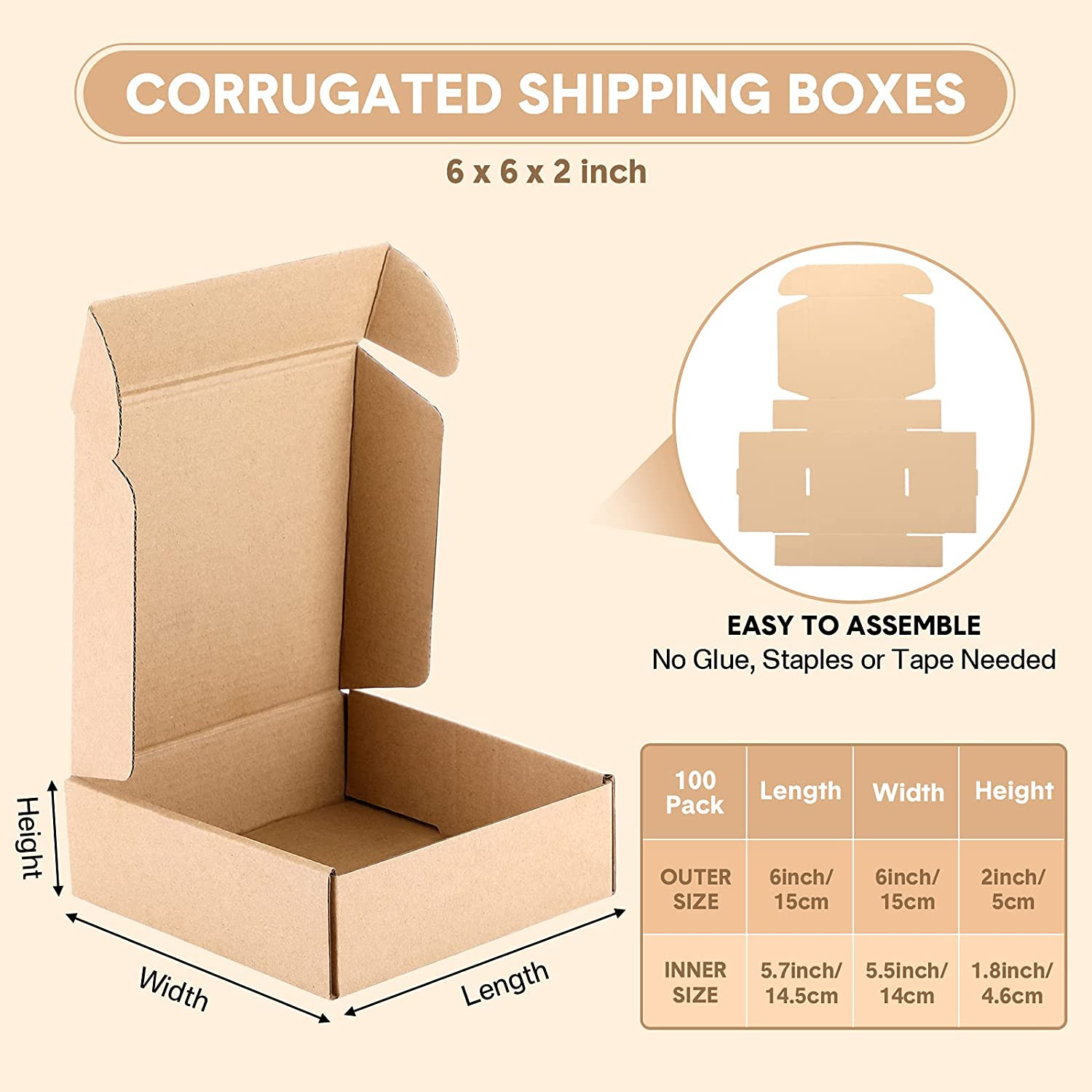 Shipping Boxes 100 Pack 6 X 6 X 2″ Corrugated Cardboard Reusable Shipping Brown