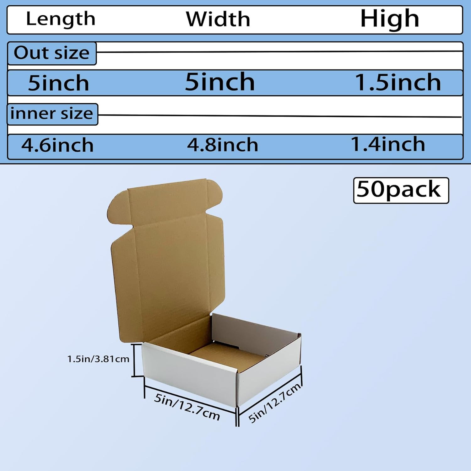 5X5X1.5 Inch White Shipping Boxes 50 Pack, Small Corrugated Cardboard Mailer Box