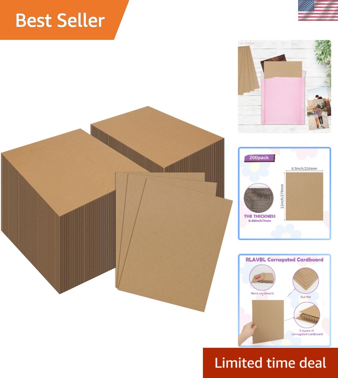 200 Pack Corrugated Cardboard Sheets in Brown