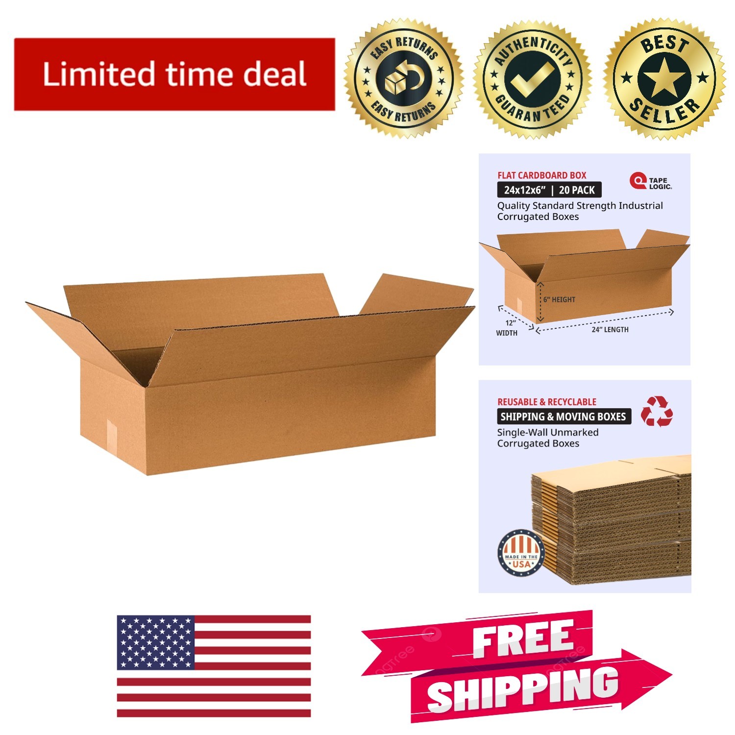 24x12x6 Kraft Corrugated Boxes – Bulk Pack of 20 for Versatile Moving & Storage