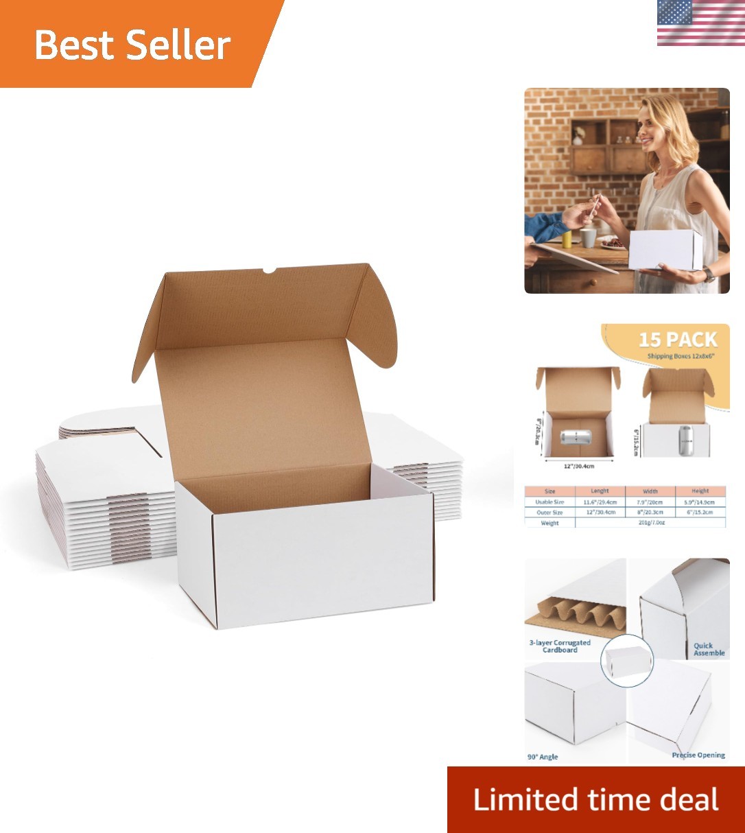 12x8x6 White Shipping Boxes Set of 15