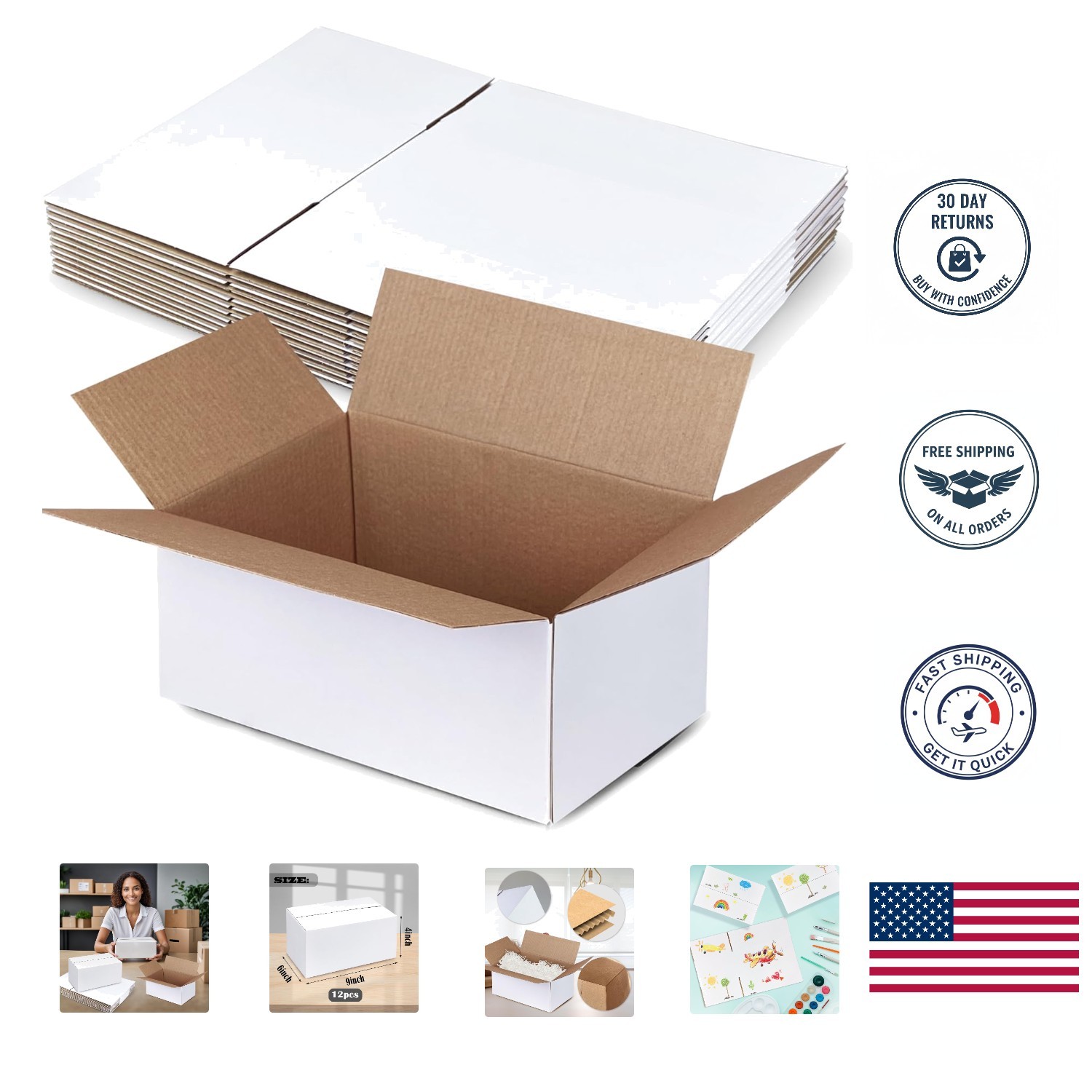 12 Count White Corrugated Shipping Boxes 9x6x4 – Durable & Lightweight
