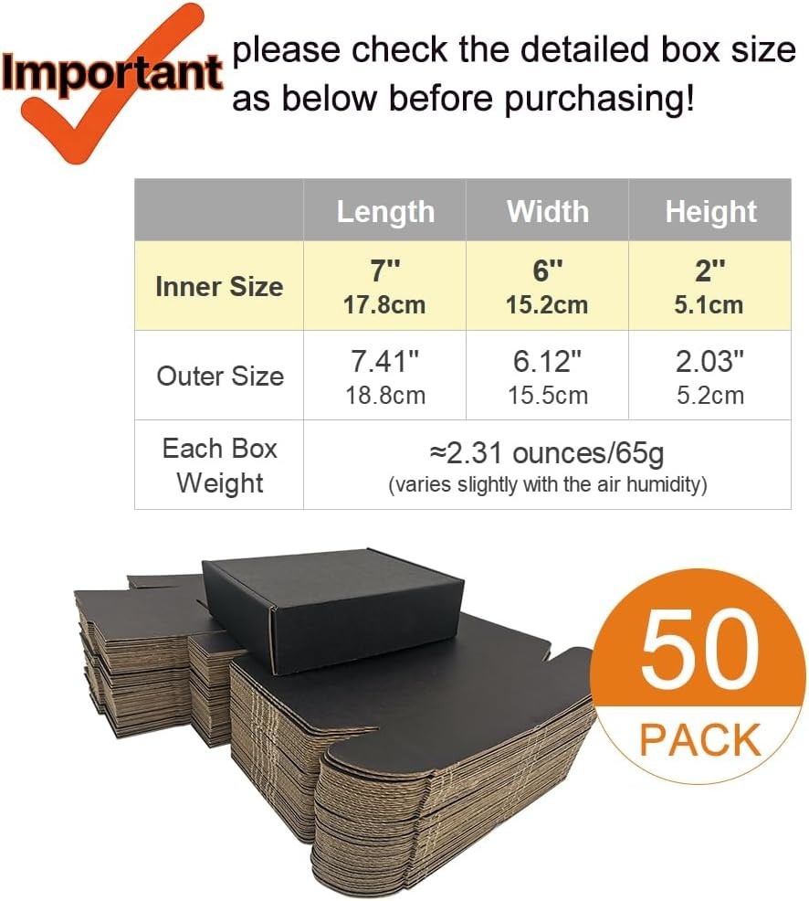 Eco-Friendly 50 Pack 7x6x2” Black Shipping Boxes – Foldable and Lightweight