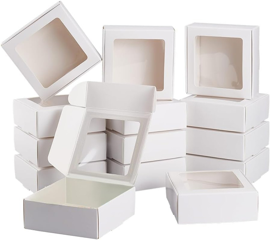 20 Pack White Kraft Paper Boxes with Clear Window 3.6×3.6×1.4 Gift Packaging Box