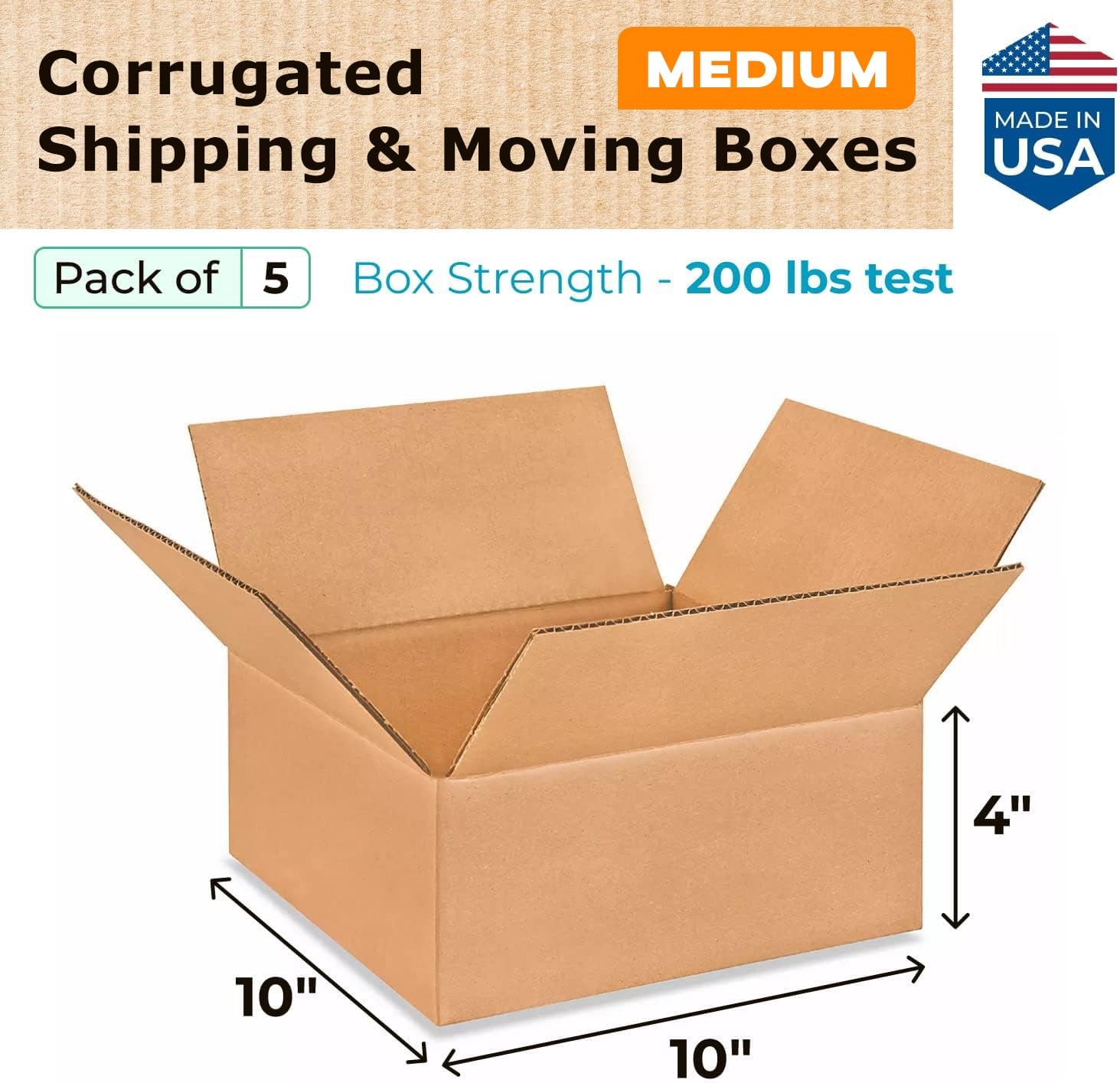 Medium Moving & Shipping Boxes 10 x 10 x 4 inches (5-Pack) – Extra Strength 2…