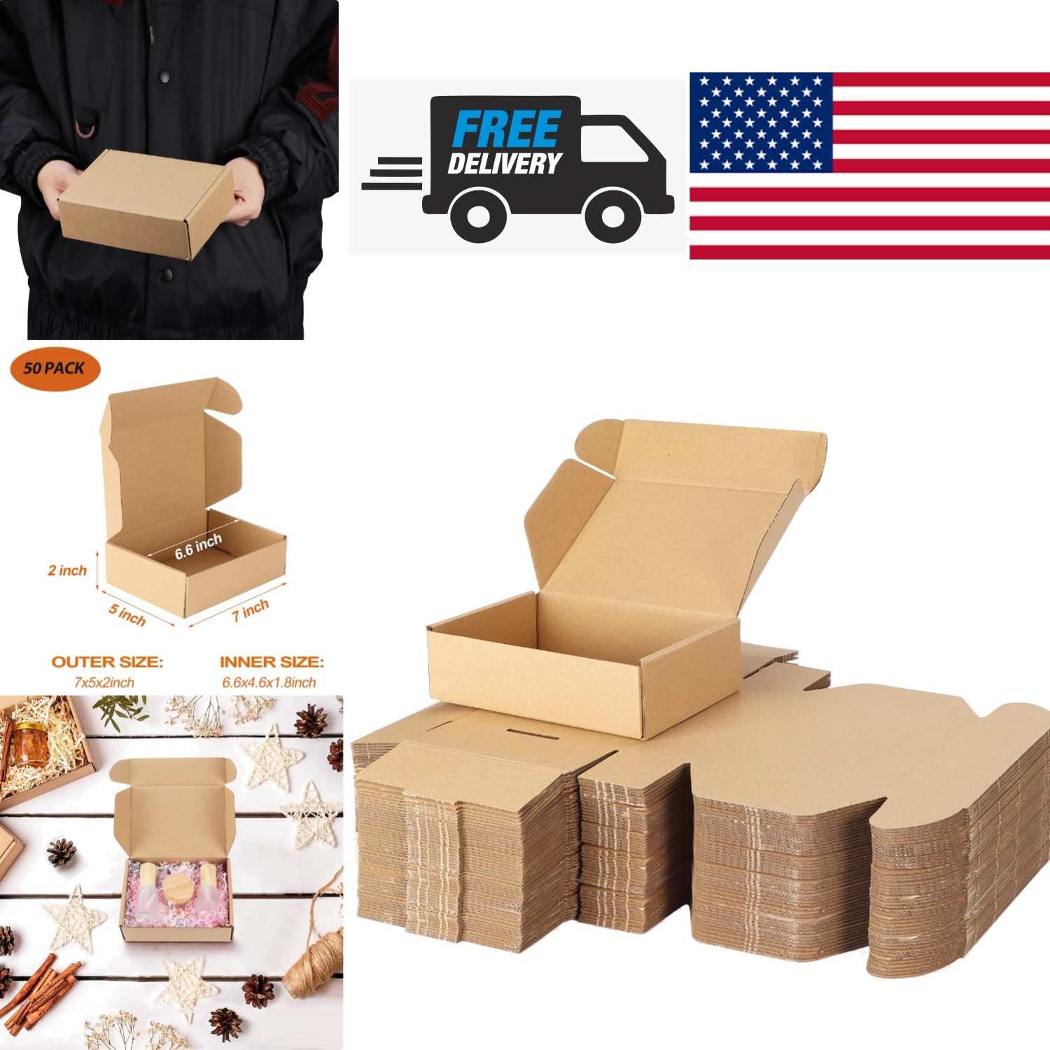 Kraft Cardboard Mailer Boxes 50 Pack 7x5x2 Inch Lightweight and Durable