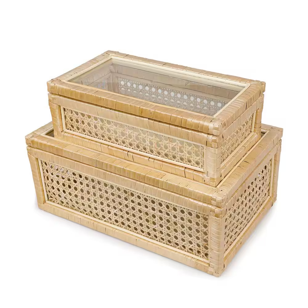 Brown 9.5 In. X 6 In. Bamboo Deccrative Boxes Set of 2 for Home Decor, Rattan Wo