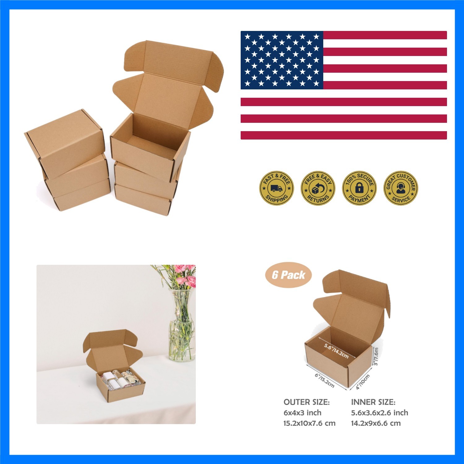 6x4x3 inch Small Shipping Boxes, Set of 6 Mailing Boxes, Brown | Single Corru…