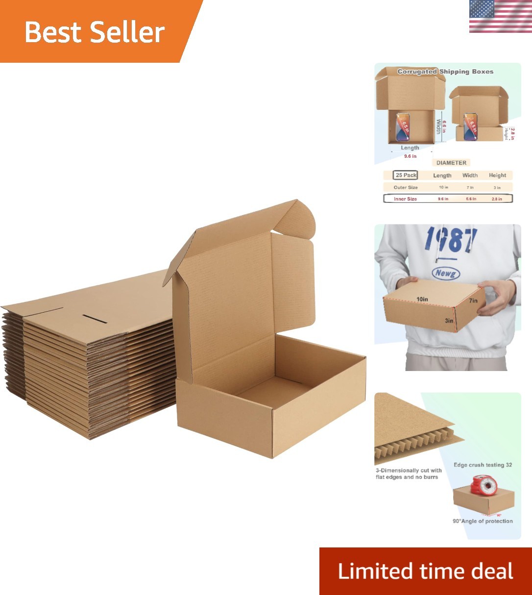 Pack of 25 Eco-Friendly Shipping Boxes 10x7x3 In. Corrugated Cardboard Mailers