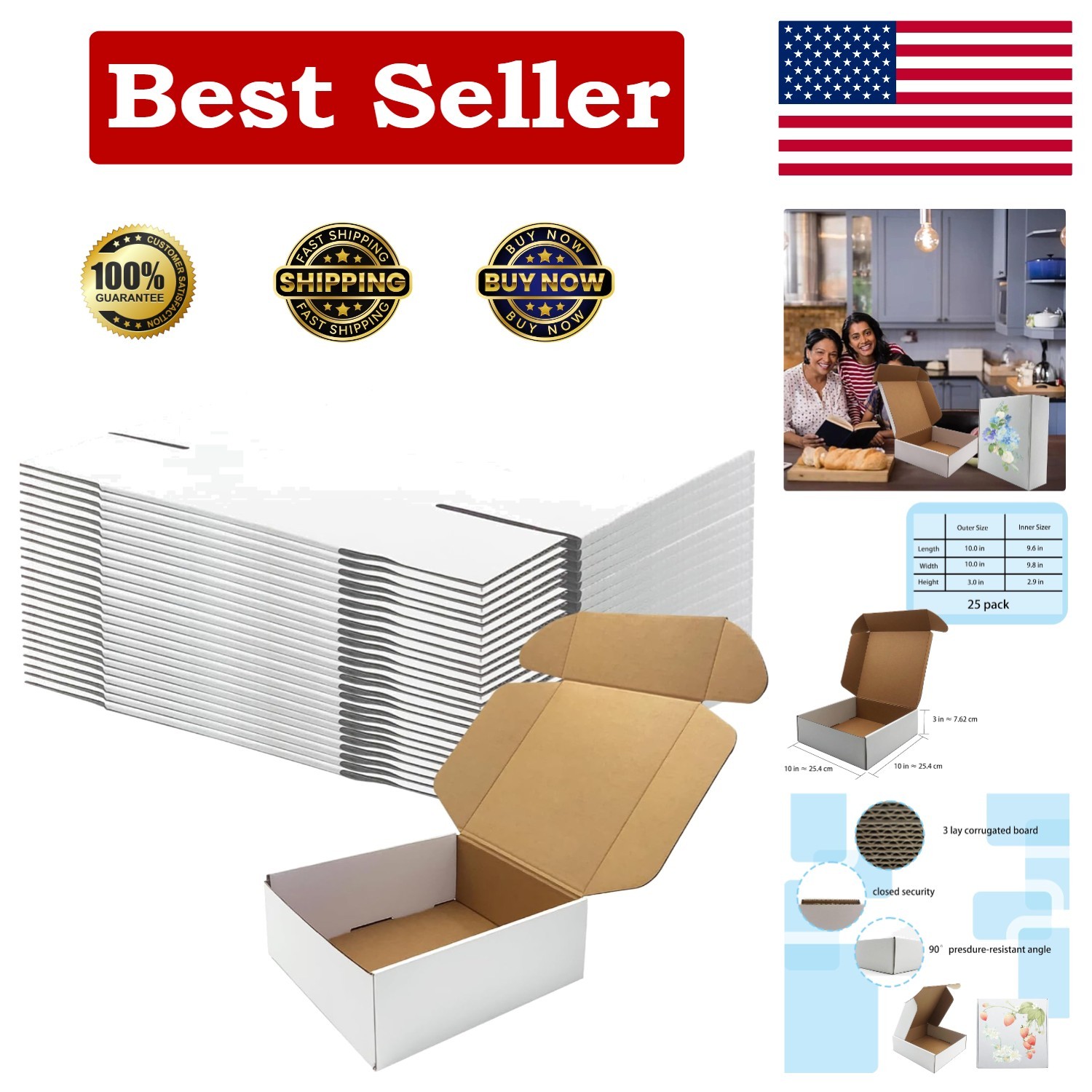 Corrugated Mailer Boxes – 10”x10”x3”, Easy Assembly & Secure Closure
