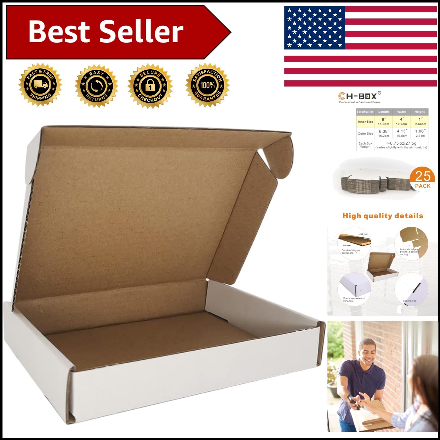 Protective Shipping Boxes 6x4x1” – 25 Pack White Corrugated Cardboard Mailers