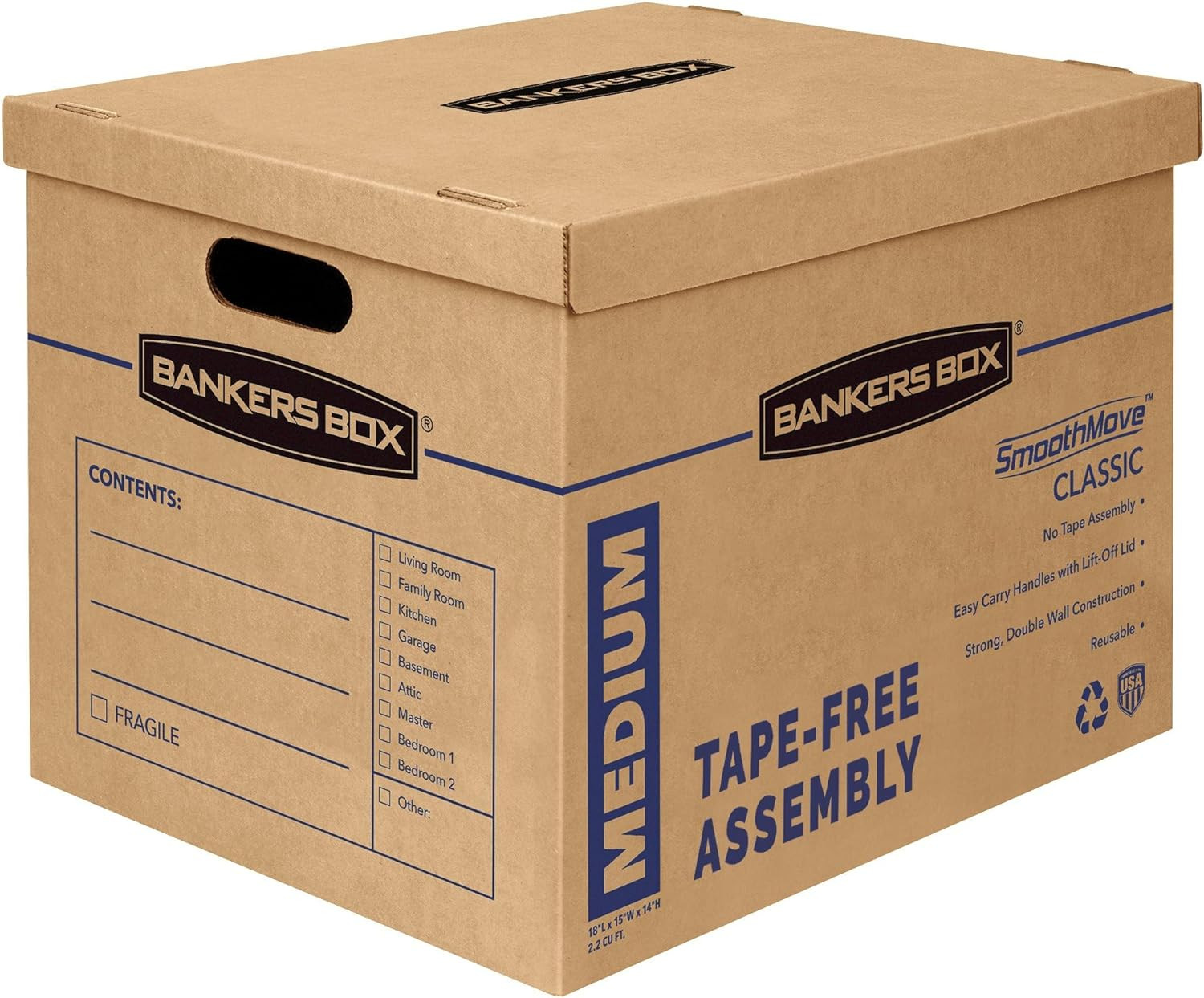 Medium Classic Moving Box 8 Pack, Reinforced Handles, Tape-Free Assembly, Box wi