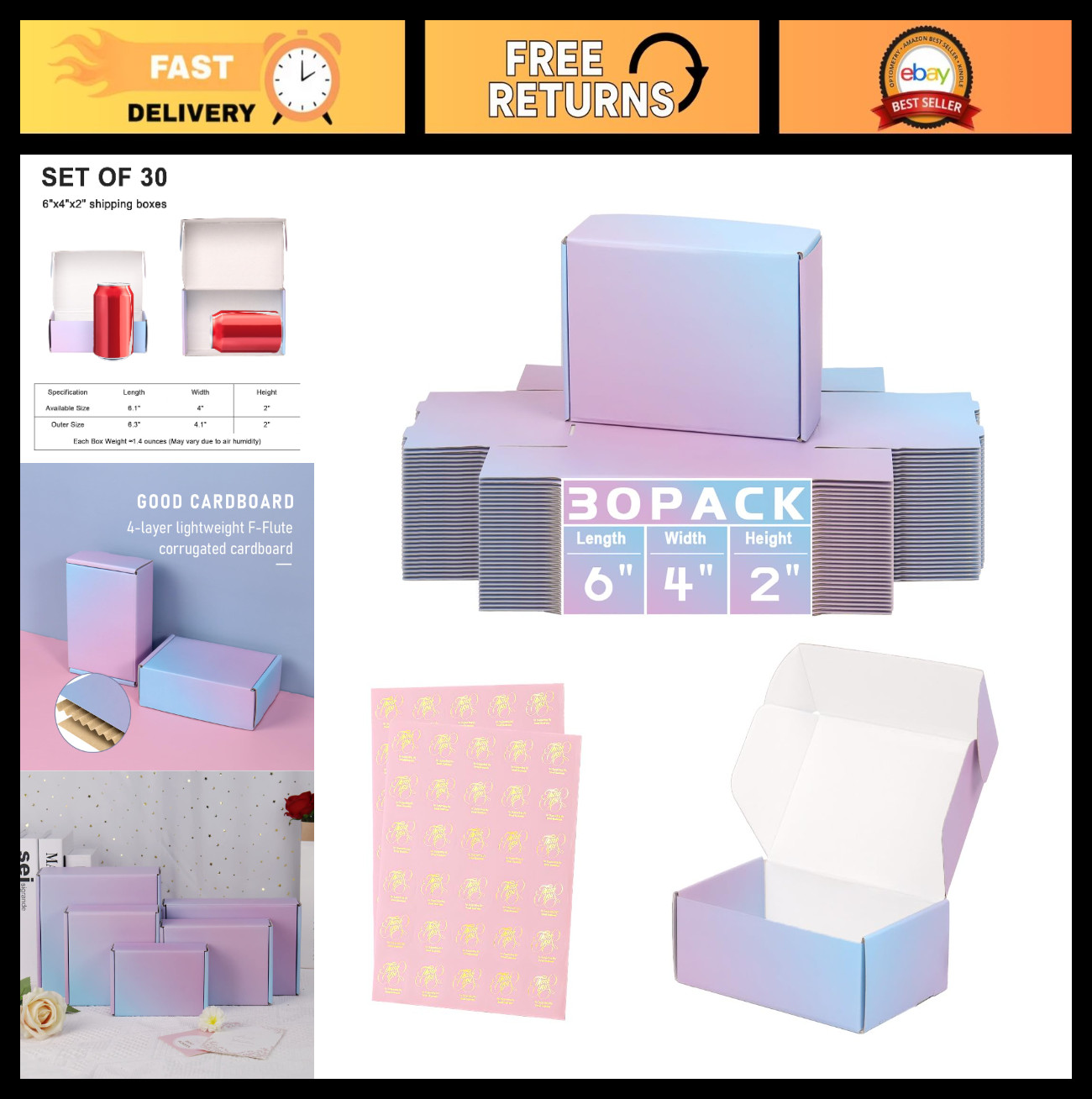 30 Pack Small Shipping Boxes 6x4x2 Inch Purple Corrugated Mailer Gift Packaging