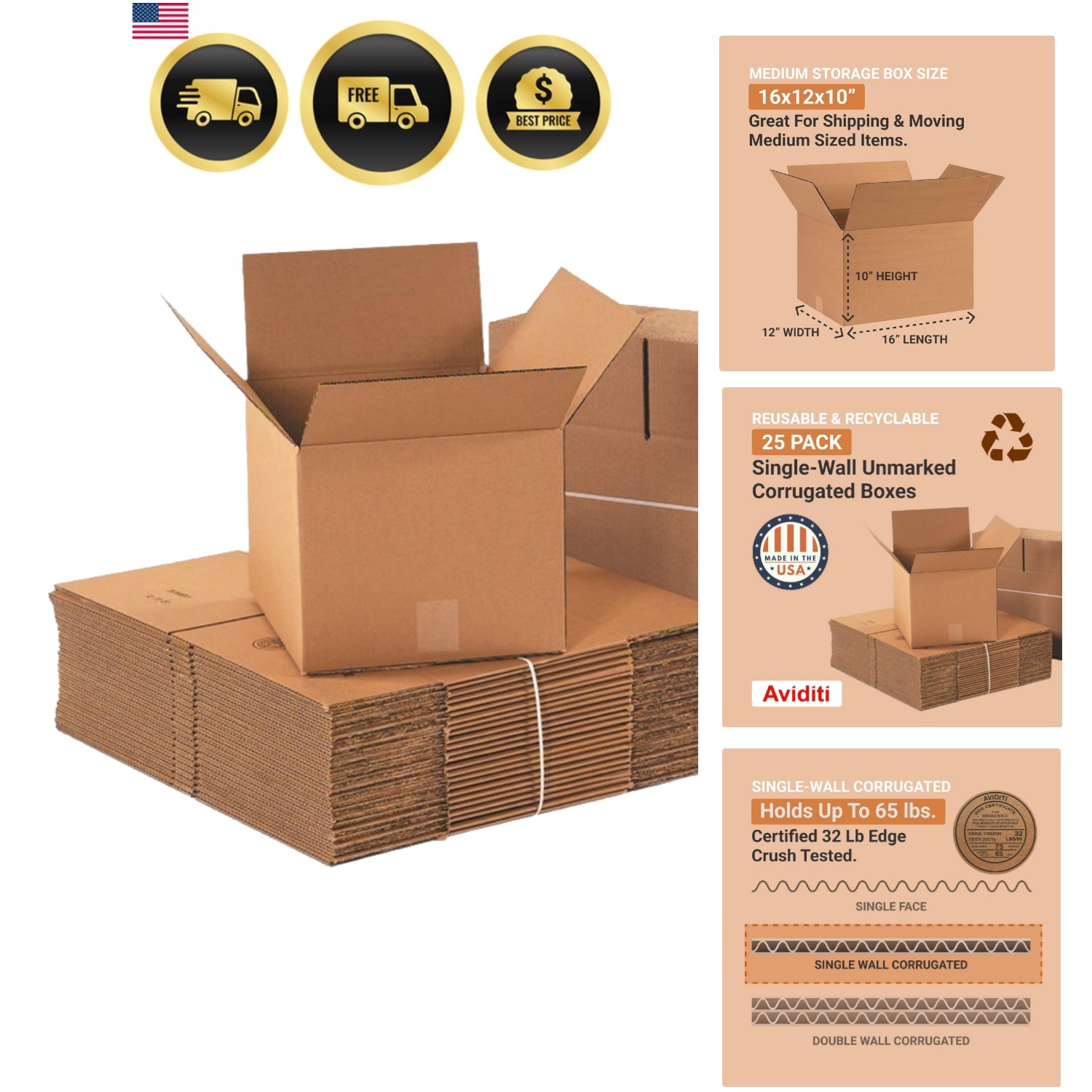 Shipping Boxes Medium 16″L x 12″W x 10″H 25-Pack – Corrugated Cardboard Box f…