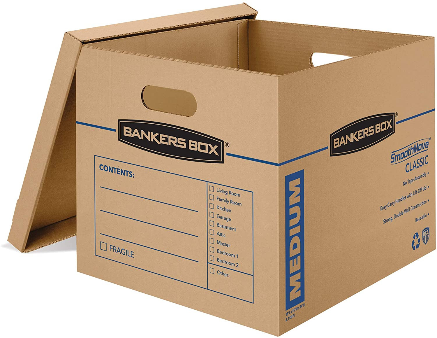 Bankers Box Medium Classic Moving Box 20 Pack, Reinforced Handles, Tape-Free Ass