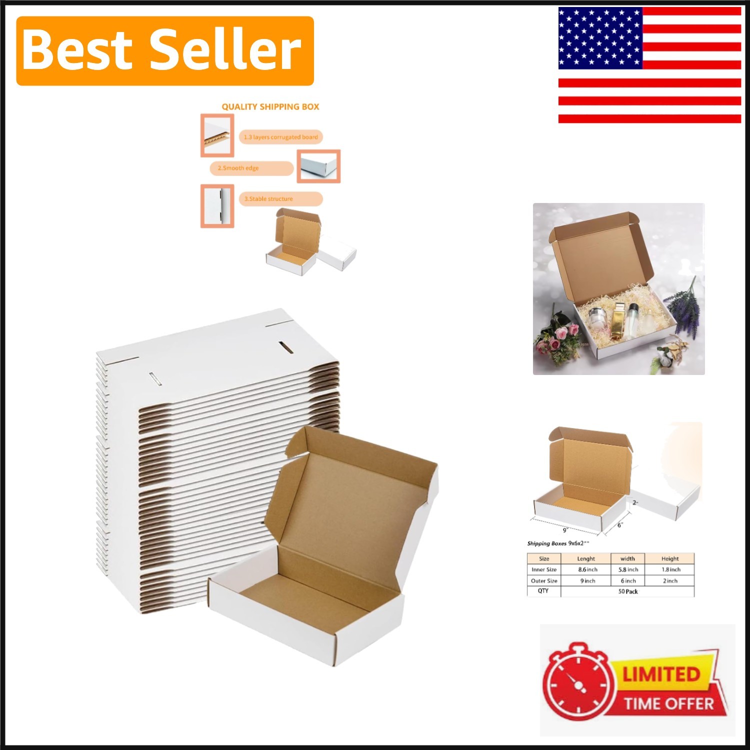 Reinforced 50-Pack 9x6x2 Shipping Boxes – Durable Packaging for All Occasions