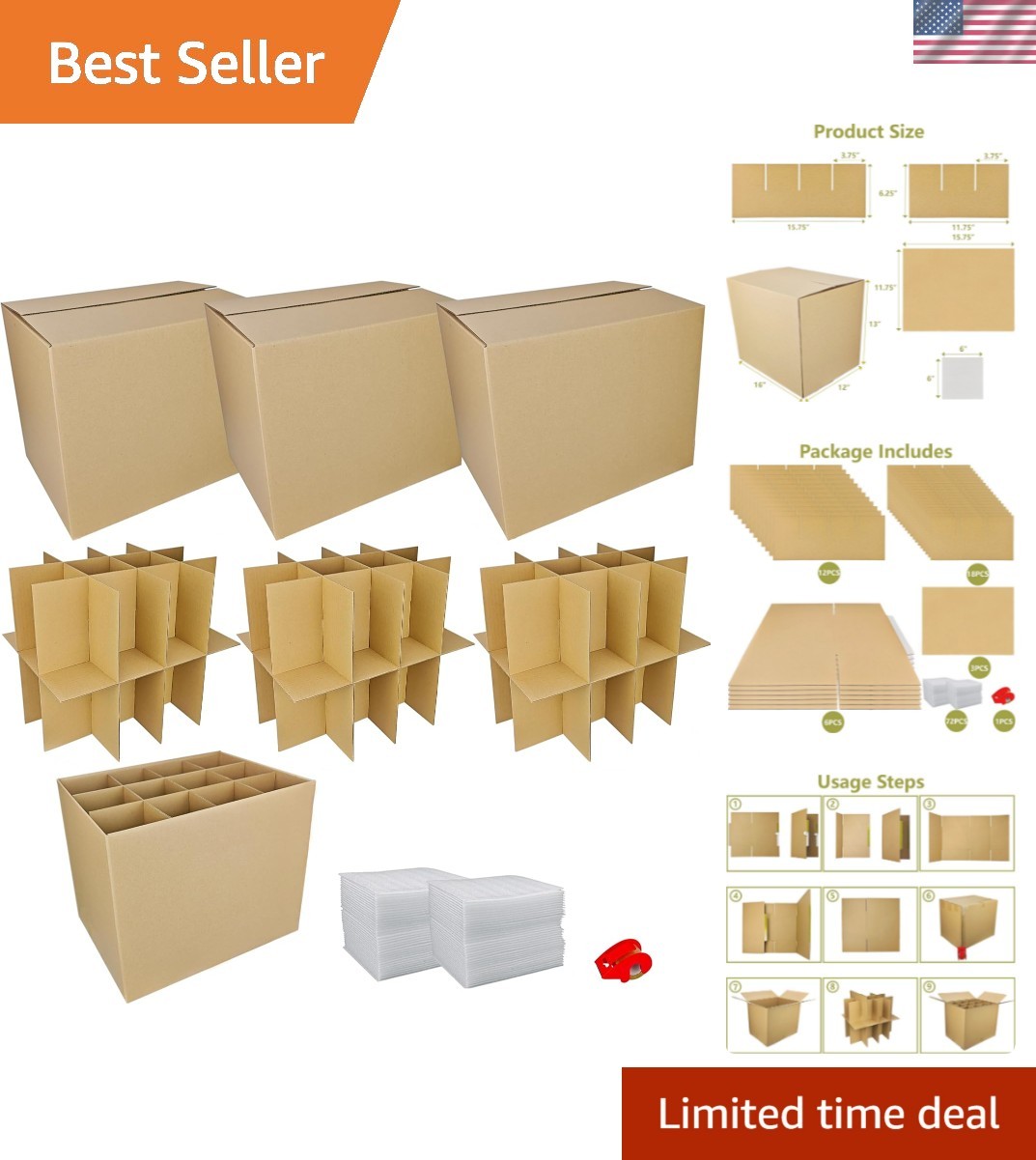 3 Sets Moving Boxes with Divider Kits,16 x 12 x 13 Inch Glassware Dish Packin…