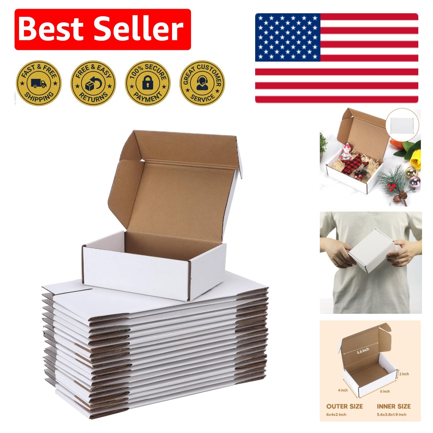 25-Pack White Tab Lock Tuck Top Shipping Boxes 6x4x2 Inch for Small Business