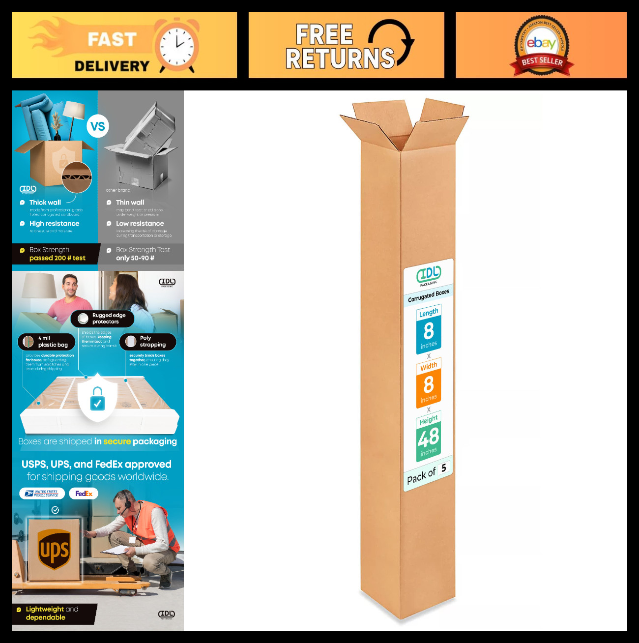 Extra Strength Tall Moving Boxes 8x8x48″ (5-Pack) – Durable Corrugated Shipping