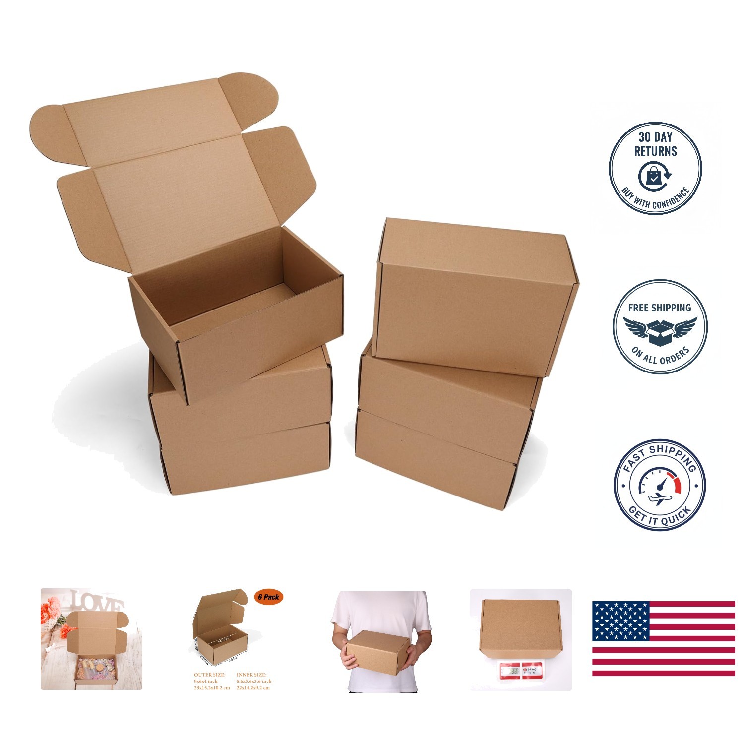 Durable 6-Pack Kraft Cardboard Shipping Boxes – Perfect for Gift Wrapping