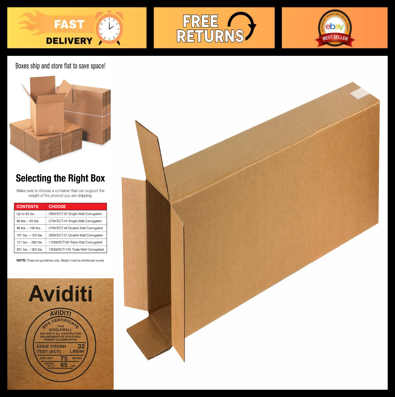 Tall Corrugated Cardboard Boxes 6″x6″x40″ for Shipping & Moving – Pack of 25